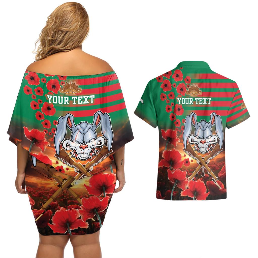 Personalised Rabbitohs Rugby ANZAC Couples Matching Off Shoulder Short Dress and Hawaiian Shirt Starry Night and Field of Poppies