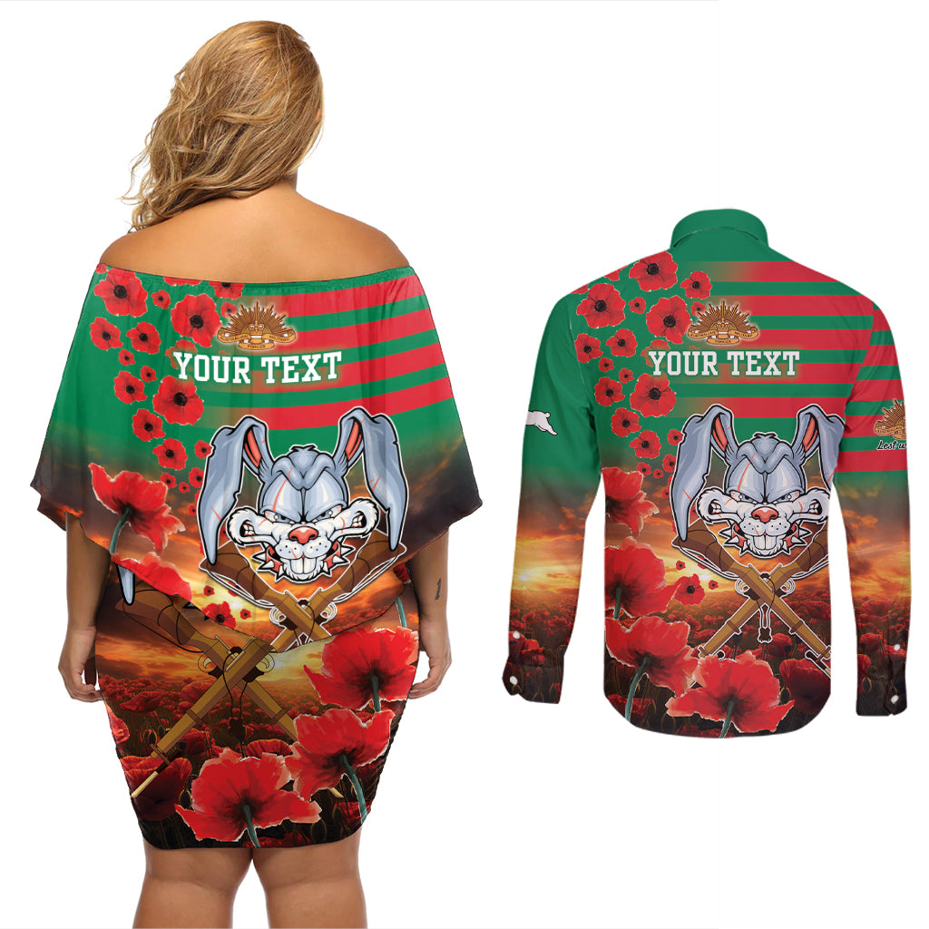 Personalised Rabbitohs Rugby ANZAC Couples Matching Off Shoulder Short Dress and Long Sleeve Button Shirt Starry Night and Field of Poppies