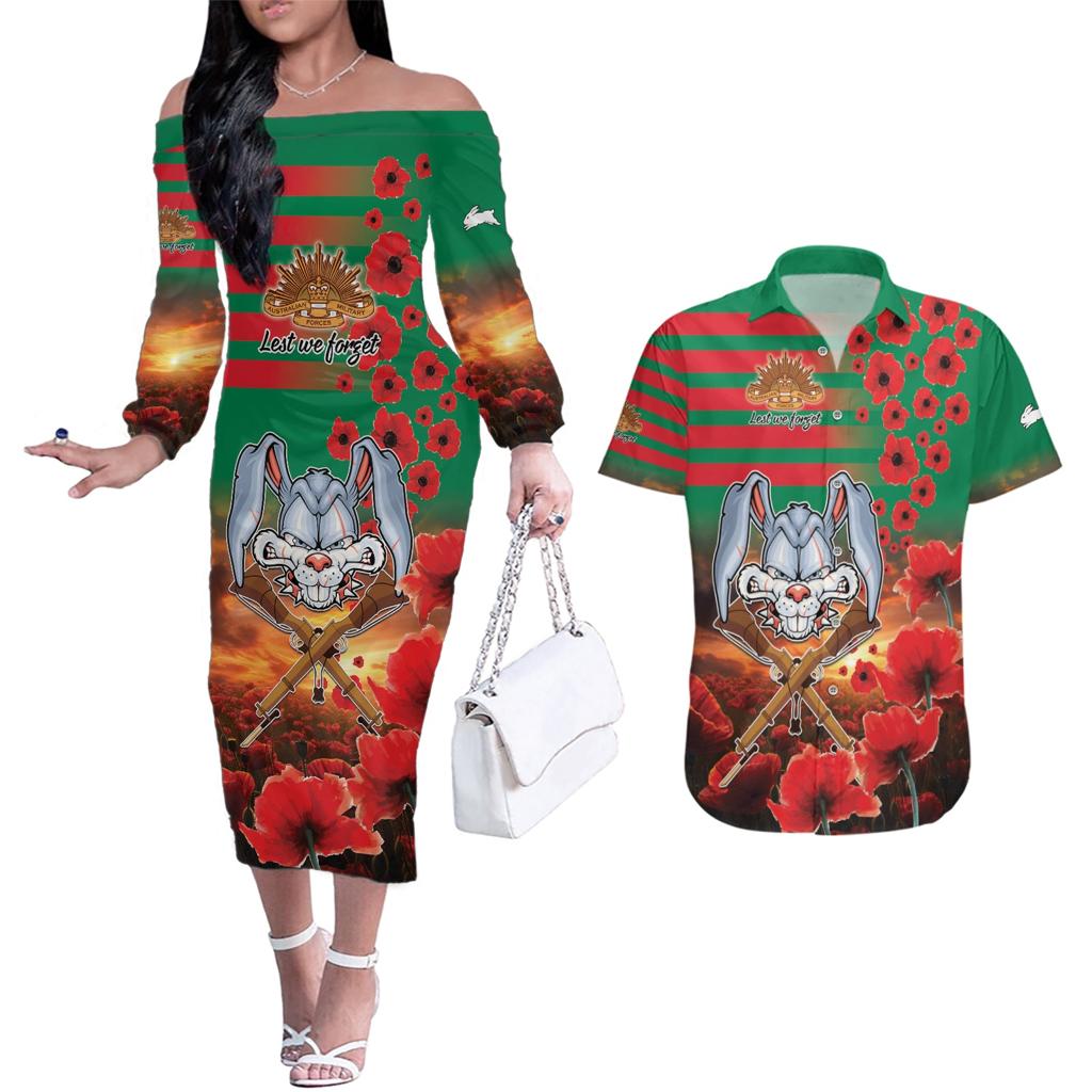 Personalised Rabbitohs Rugby ANZAC Couples Matching Off The Shoulder Long Sleeve Dress and Hawaiian Shirt Starry Night and Field of Poppies