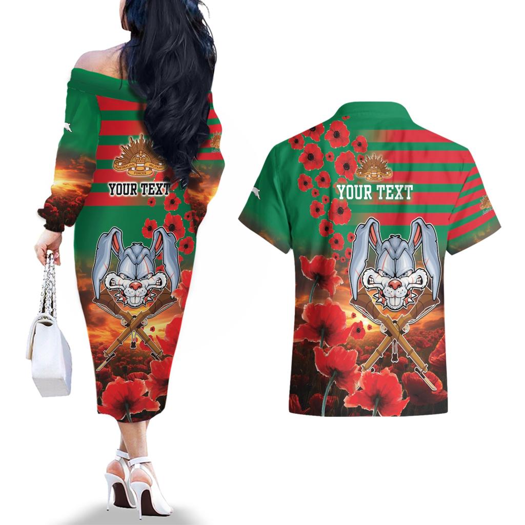 Personalised Rabbitohs Rugby ANZAC Couples Matching Off The Shoulder Long Sleeve Dress and Hawaiian Shirt Starry Night and Field of Poppies