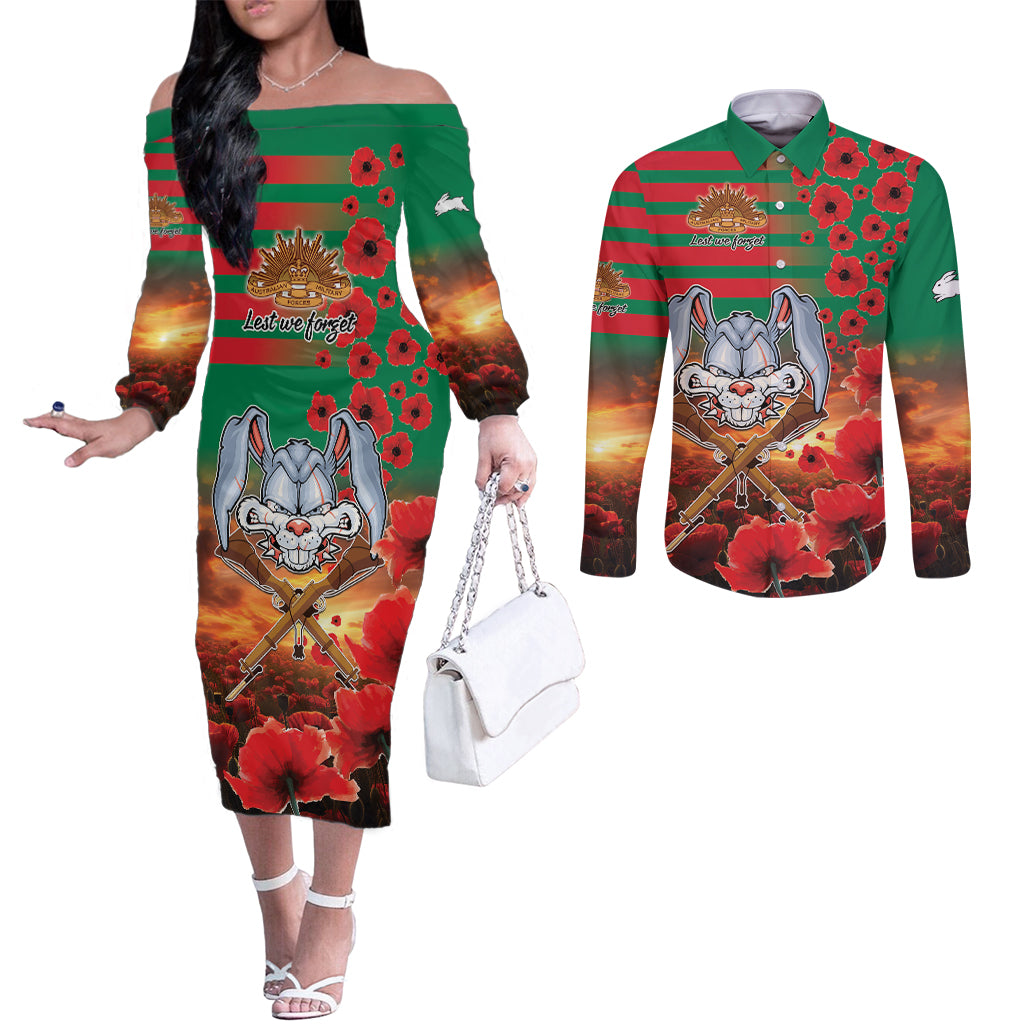 Personalised Rabbitohs Rugby ANZAC Couples Matching Off The Shoulder Long Sleeve Dress and Long Sleeve Button Shirt Starry Night and Field of Poppies