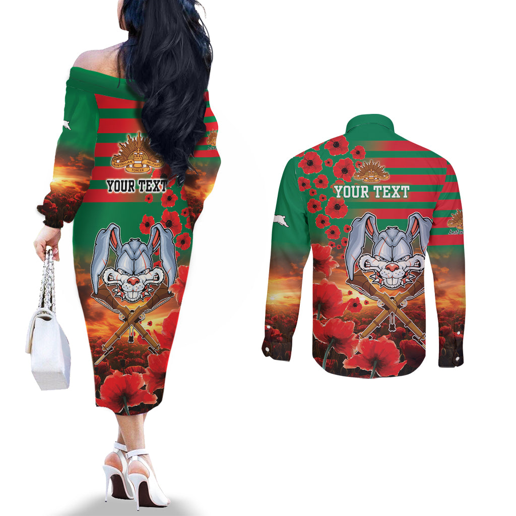 Personalised Rabbitohs Rugby ANZAC Couples Matching Off The Shoulder Long Sleeve Dress and Long Sleeve Button Shirt Starry Night and Field of Poppies