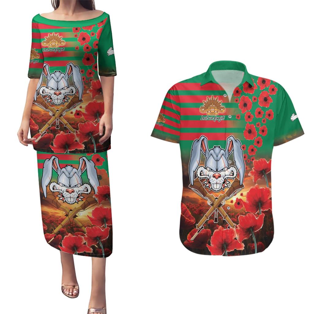 Personalised Rabbitohs Rugby ANZAC Couples Matching Puletasi and Hawaiian Shirt Starry Night and Field of Poppies