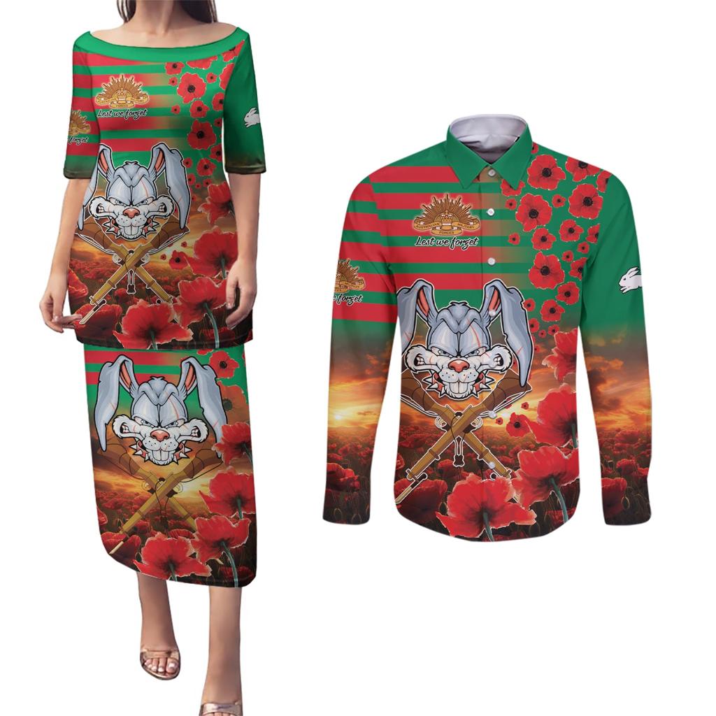 Personalised Rabbitohs Rugby ANZAC Couples Matching Puletasi and Long Sleeve Button Shirt Starry Night and Field of Poppies