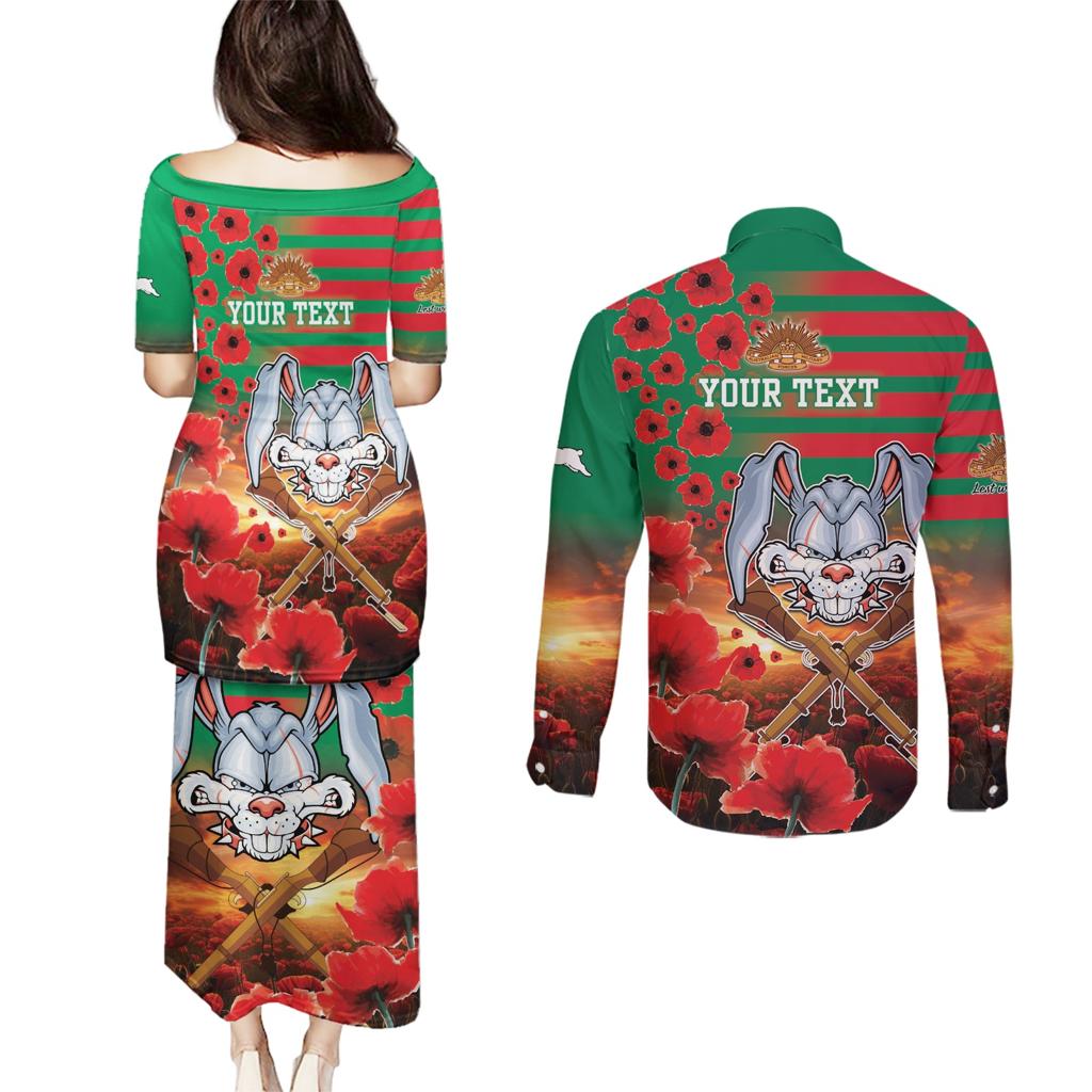 Personalised Rabbitohs Rugby ANZAC Couples Matching Puletasi and Long Sleeve Button Shirt Starry Night and Field of Poppies