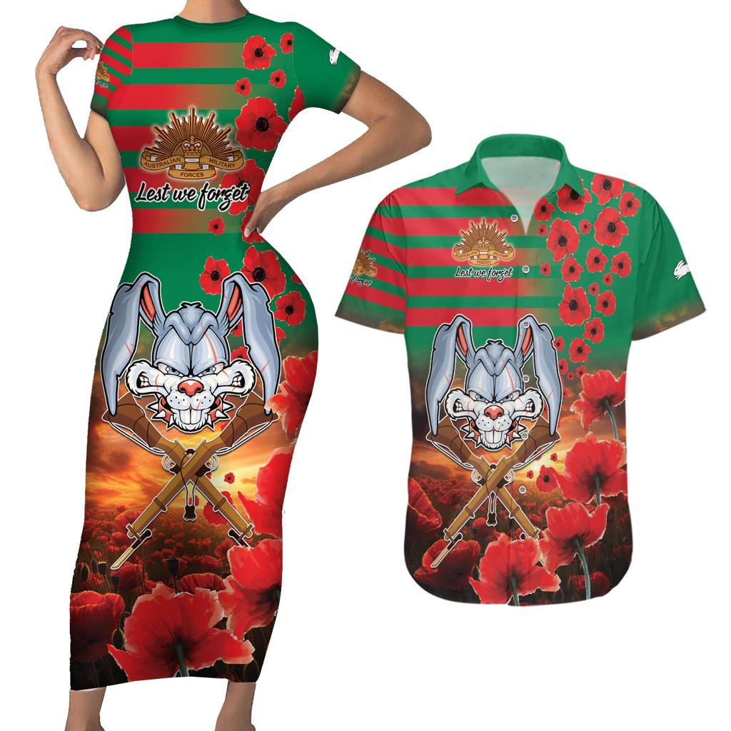 Personalised Rabbitohs Rugby ANZAC Couples Matching Short Sleeve Bodycon Dress and Hawaiian Shirt Starry Night and Field of Poppies