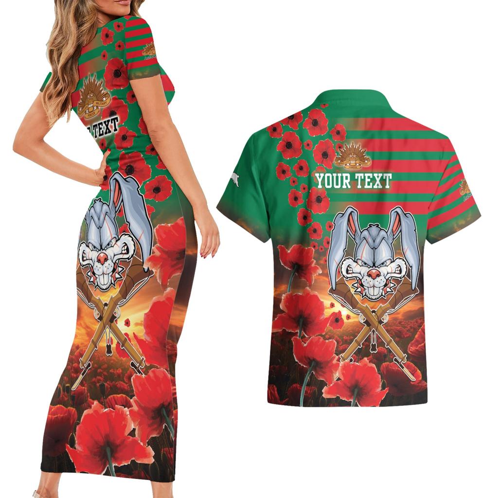 Personalised Rabbitohs Rugby ANZAC Couples Matching Short Sleeve Bodycon Dress and Hawaiian Shirt Starry Night and Field of Poppies