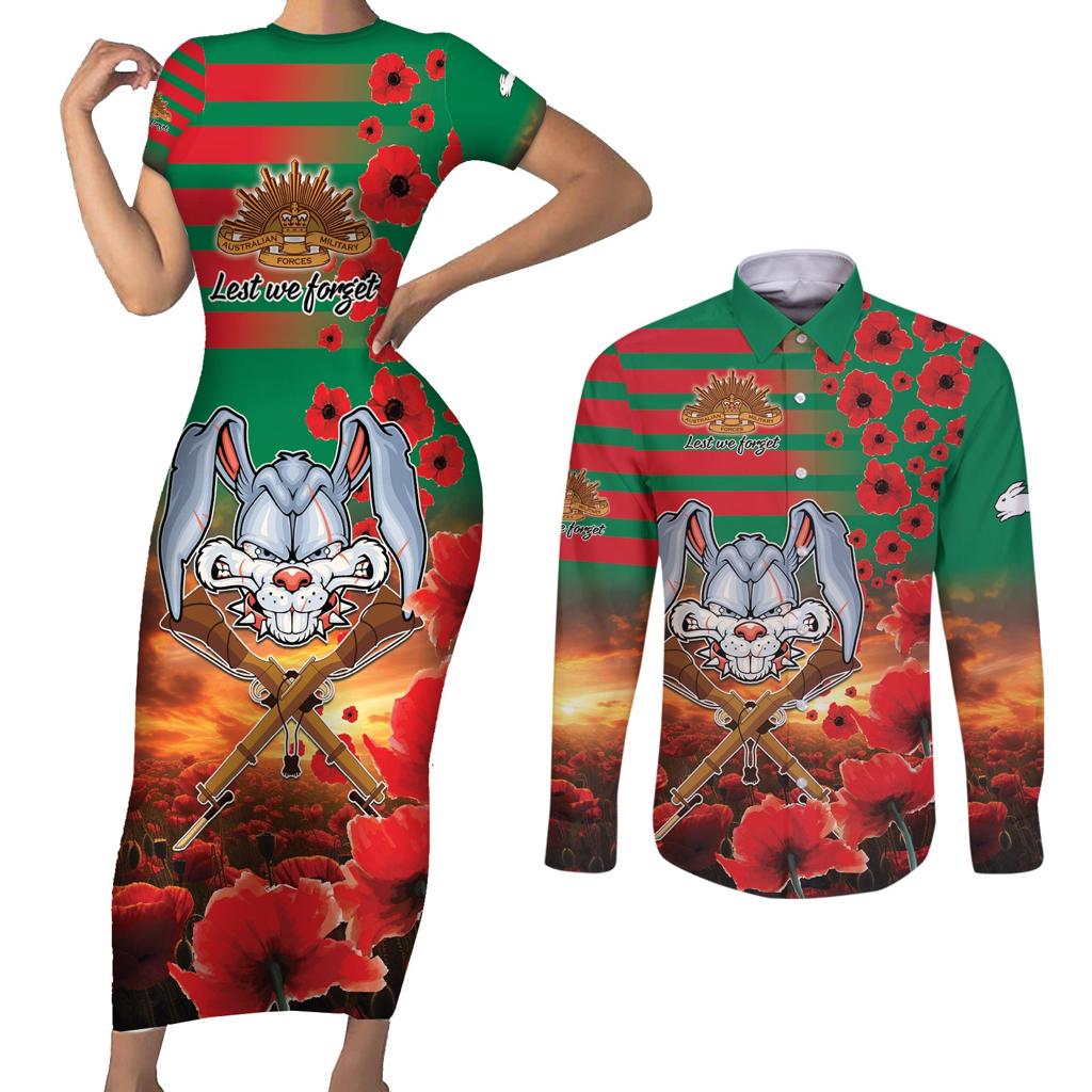 Personalised Rabbitohs Rugby ANZAC Couples Matching Short Sleeve Bodycon Dress and Long Sleeve Button Shirt Starry Night and Field of Poppies