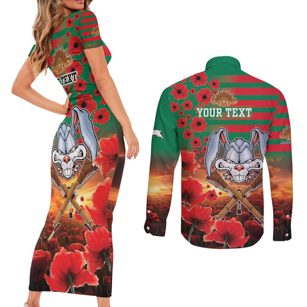 Personalised Rabbitohs Rugby ANZAC Couples Matching Short Sleeve Bodycon Dress and Long Sleeve Button Shirt Starry Night and Field of Poppies