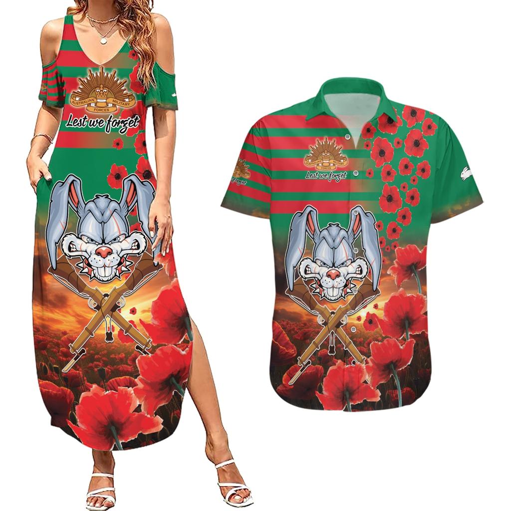 Personalised Rabbitohs Rugby ANZAC Couples Matching Summer Maxi Dress and Hawaiian Shirt Starry Night and Field of Poppies