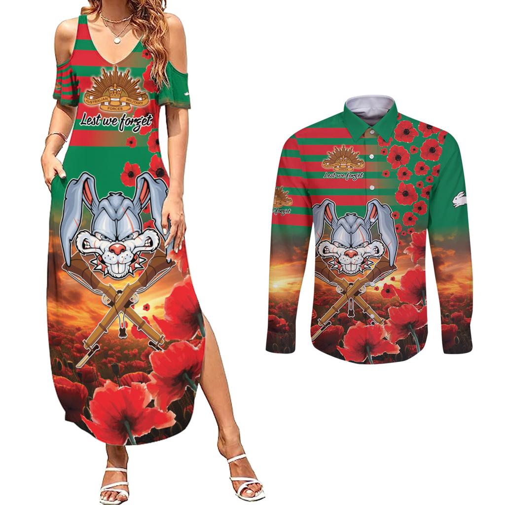 Personalised Rabbitohs Rugby ANZAC Couples Matching Summer Maxi Dress and Long Sleeve Button Shirt Starry Night and Field of Poppies