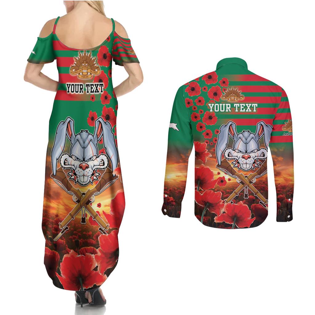 Personalised Rabbitohs Rugby ANZAC Couples Matching Summer Maxi Dress and Long Sleeve Button Shirt Starry Night and Field of Poppies