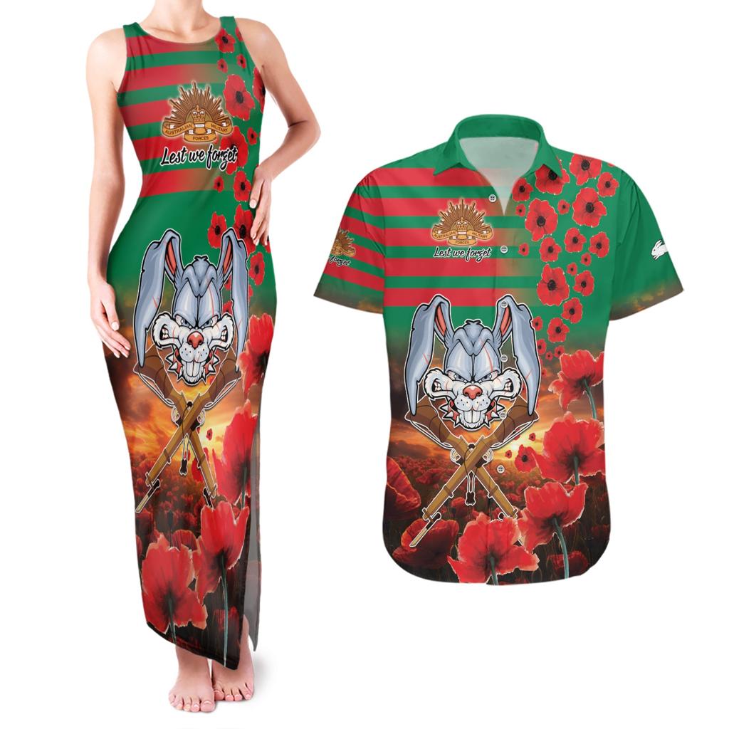 Personalised Rabbitohs Rugby ANZAC Couples Matching Tank Maxi Dress and Hawaiian Shirt Starry Night and Field of Poppies