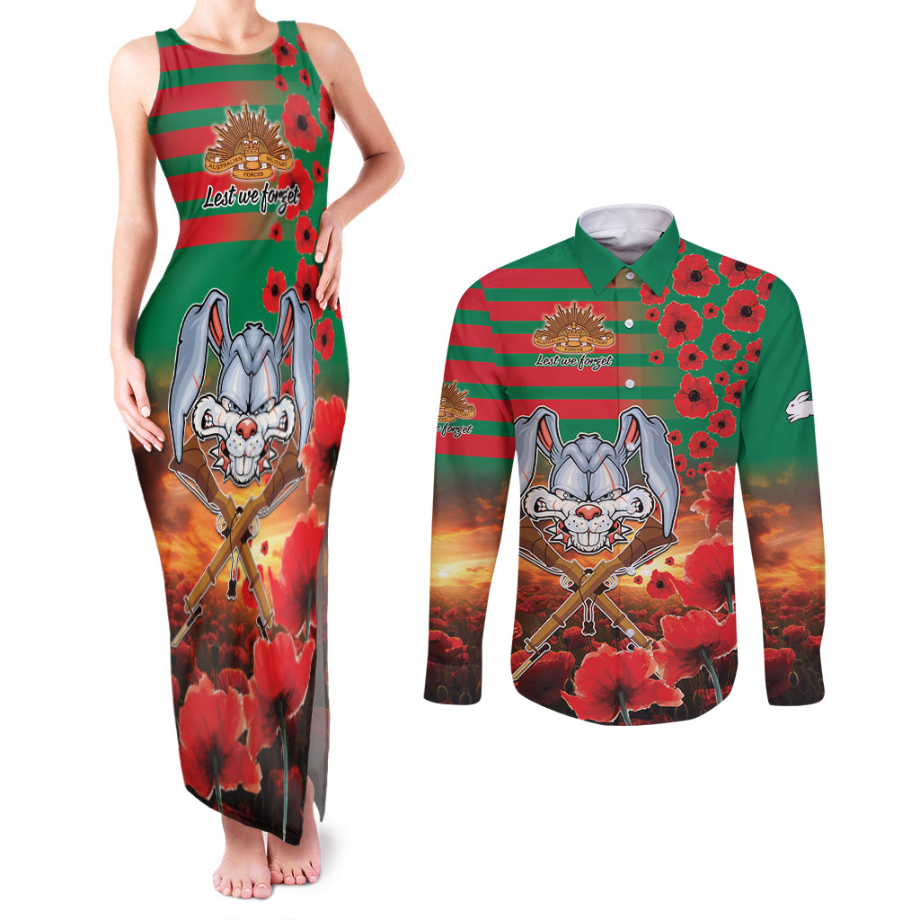 Personalised Rabbitohs Rugby ANZAC Couples Matching Tank Maxi Dress and Long Sleeve Button Shirt Starry Night and Field of Poppies