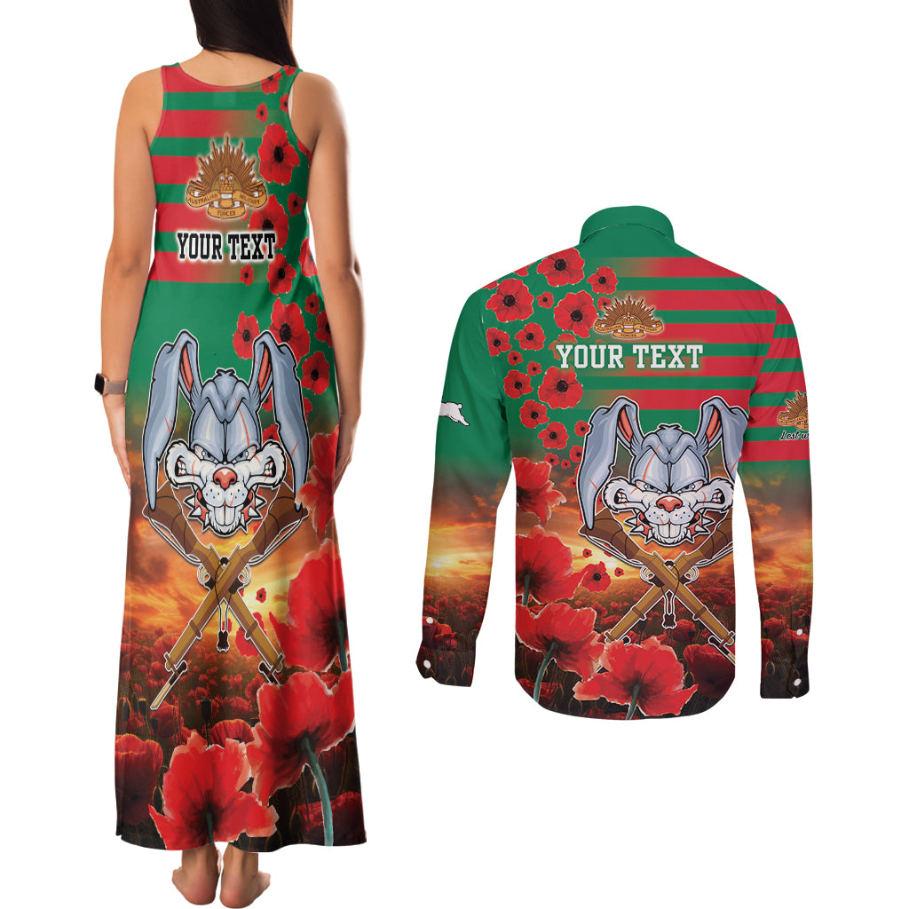 Personalised Rabbitohs Rugby ANZAC Couples Matching Tank Maxi Dress and Long Sleeve Button Shirt Starry Night and Field of Poppies