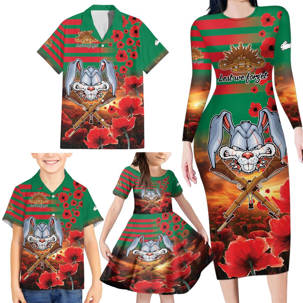 Personalised Rabbitohs Rugby ANZAC Family Matching Long Sleeve Bodycon Dress and Hawaiian Shirt Starry Night and Field of Poppies