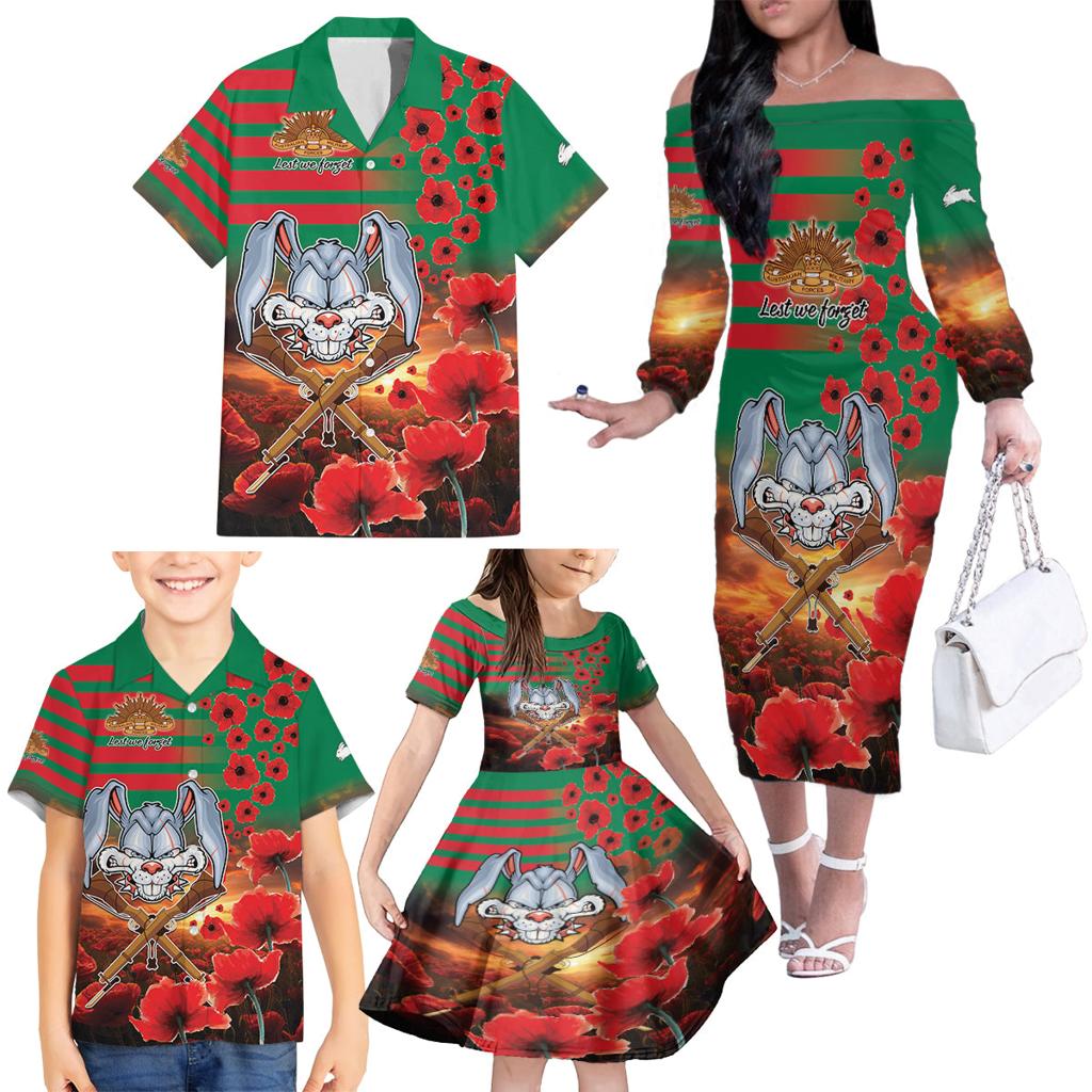 Personalised Rabbitohs Rugby ANZAC Family Matching Off Shoulder Long Sleeve Dress and Hawaiian Shirt Starry Night and Field of Poppies