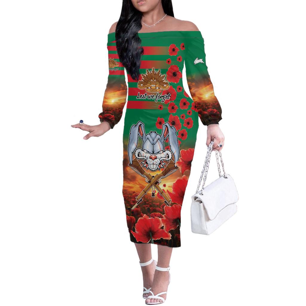 Personalised Rabbitohs Rugby ANZAC Family Matching Off Shoulder Long Sleeve Dress and Hawaiian Shirt Starry Night and Field of Poppies