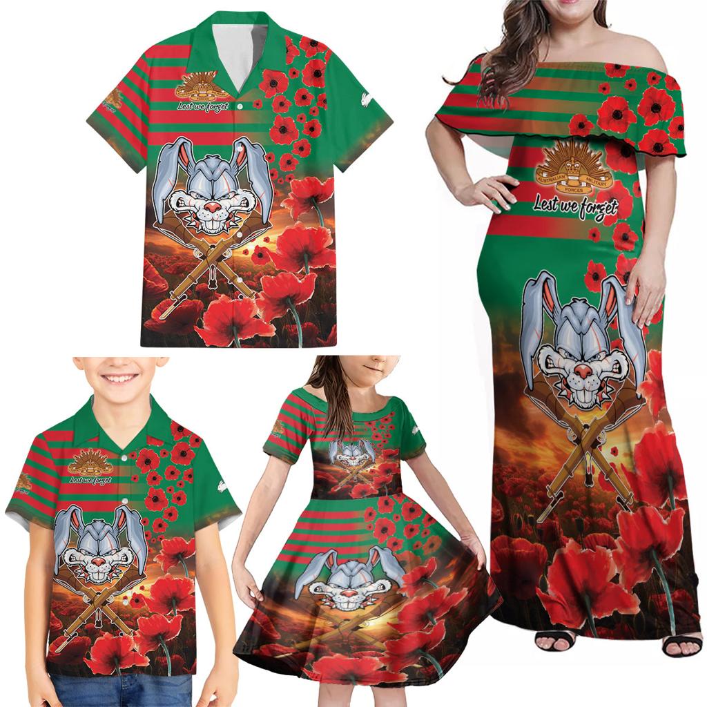 Personalised Rabbitohs Rugby ANZAC Family Matching Off Shoulder Maxi Dress and Hawaiian Shirt Starry Night and Field of Poppies