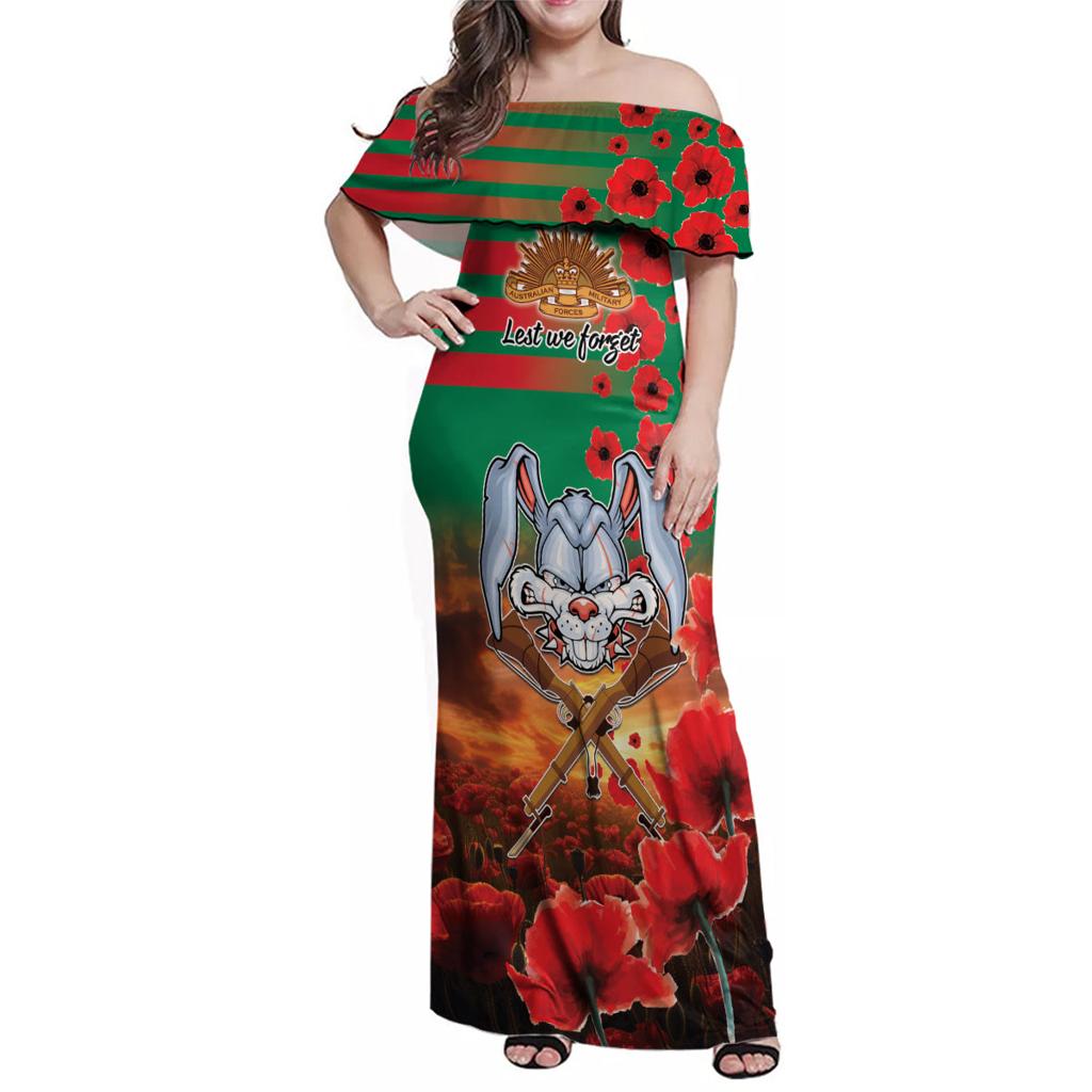 Personalised Rabbitohs Rugby ANZAC Family Matching Off Shoulder Maxi Dress and Hawaiian Shirt Starry Night and Field of Poppies