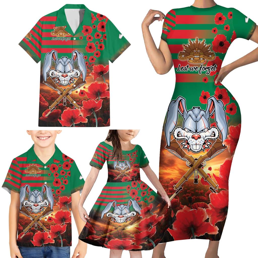 Personalised Rabbitohs Rugby ANZAC Family Matching Short Sleeve Bodycon Dress and Hawaiian Shirt Starry Night and Field of Poppies