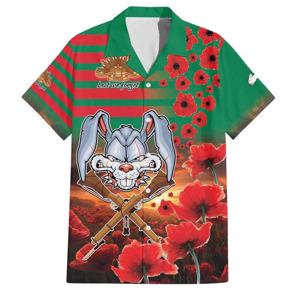 Personalised Rabbitohs Rugby ANZAC Family Matching Short Sleeve Bodycon Dress and Hawaiian Shirt Starry Night and Field of Poppies