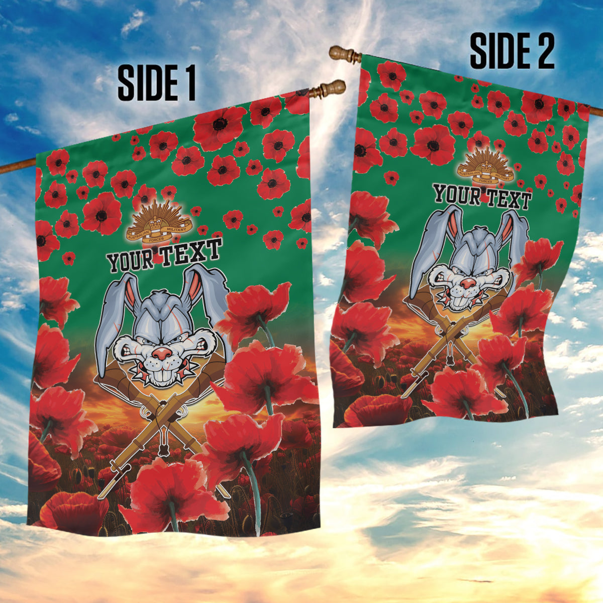 Personalised Rabbitohs Rugby ANZAC Garden Flag Starry Night and Field of Poppies