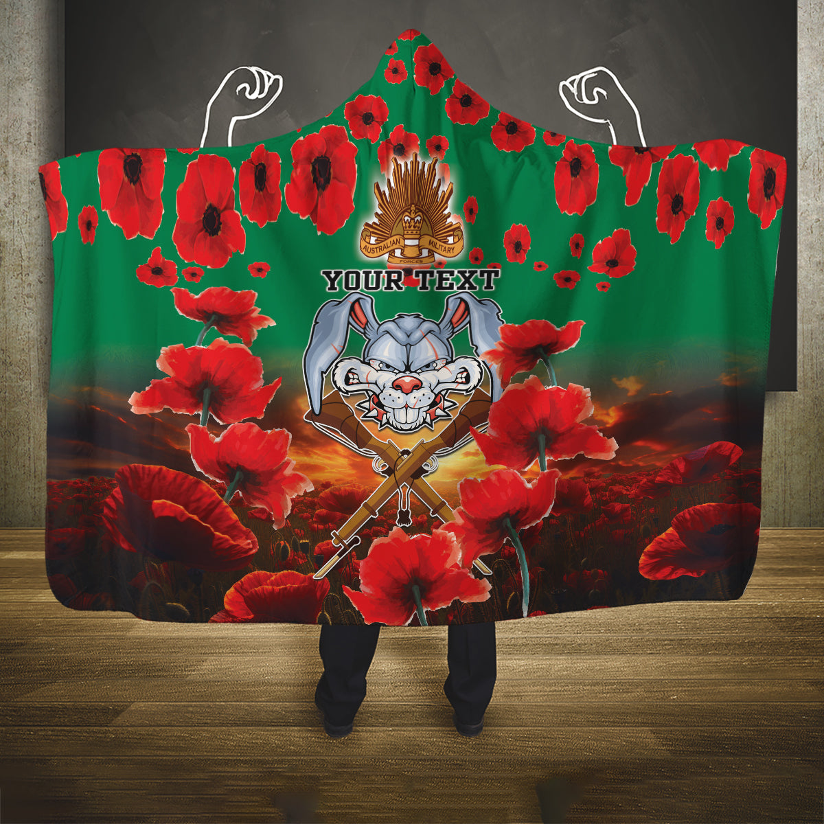 Personalised Rabbitohs Rugby ANZAC Hooded Blanket Starry Night and Field of Poppies