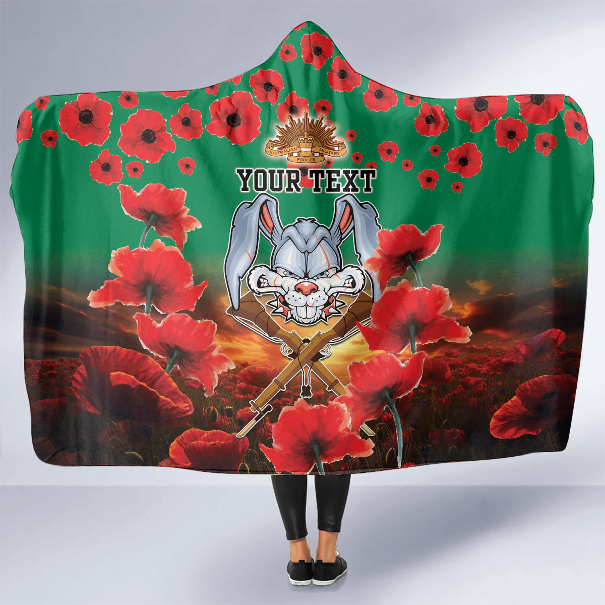 Personalised Rabbitohs Rugby ANZAC Hooded Blanket Starry Night and Field of Poppies