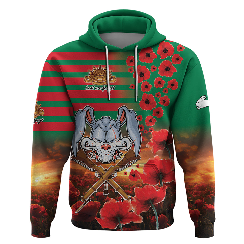 Personalised Rabbitohs Rugby ANZAC Hoodie Starry Night and Field of Poppies