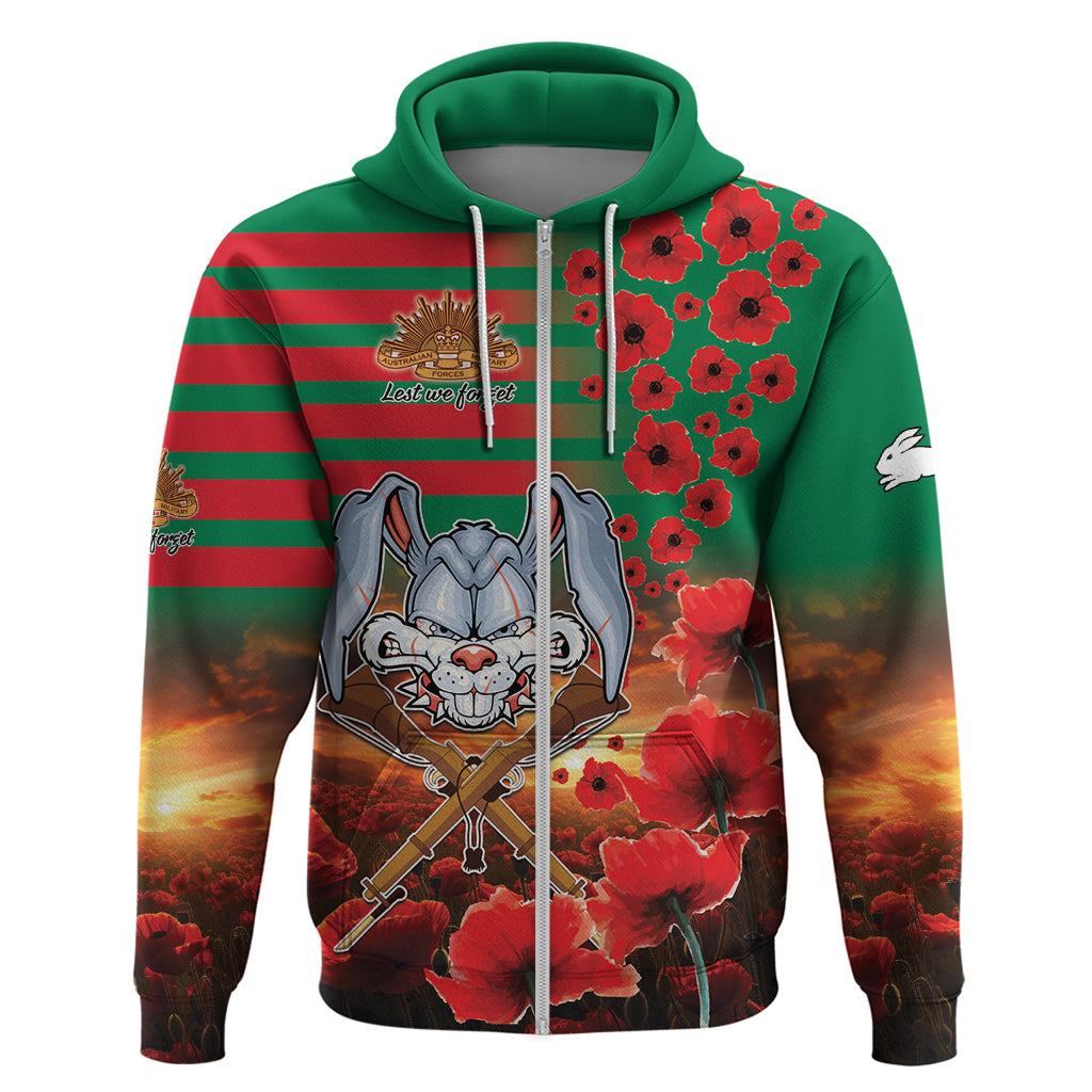 Personalised Rabbitohs Rugby ANZAC Hoodie Starry Night and Field of Poppies