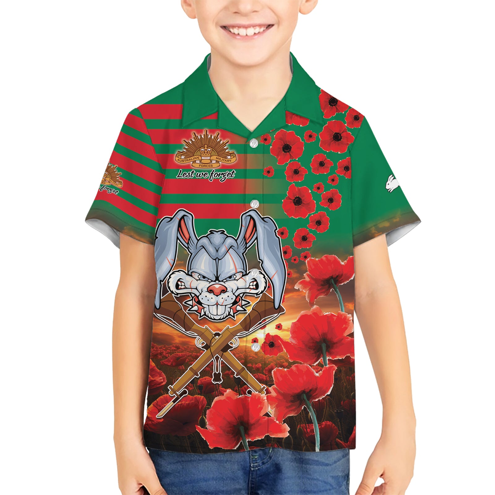 Personalised Rabbitohs Rugby ANZAC Kid Hawaiian Shirt Starry Night and Field of Poppies