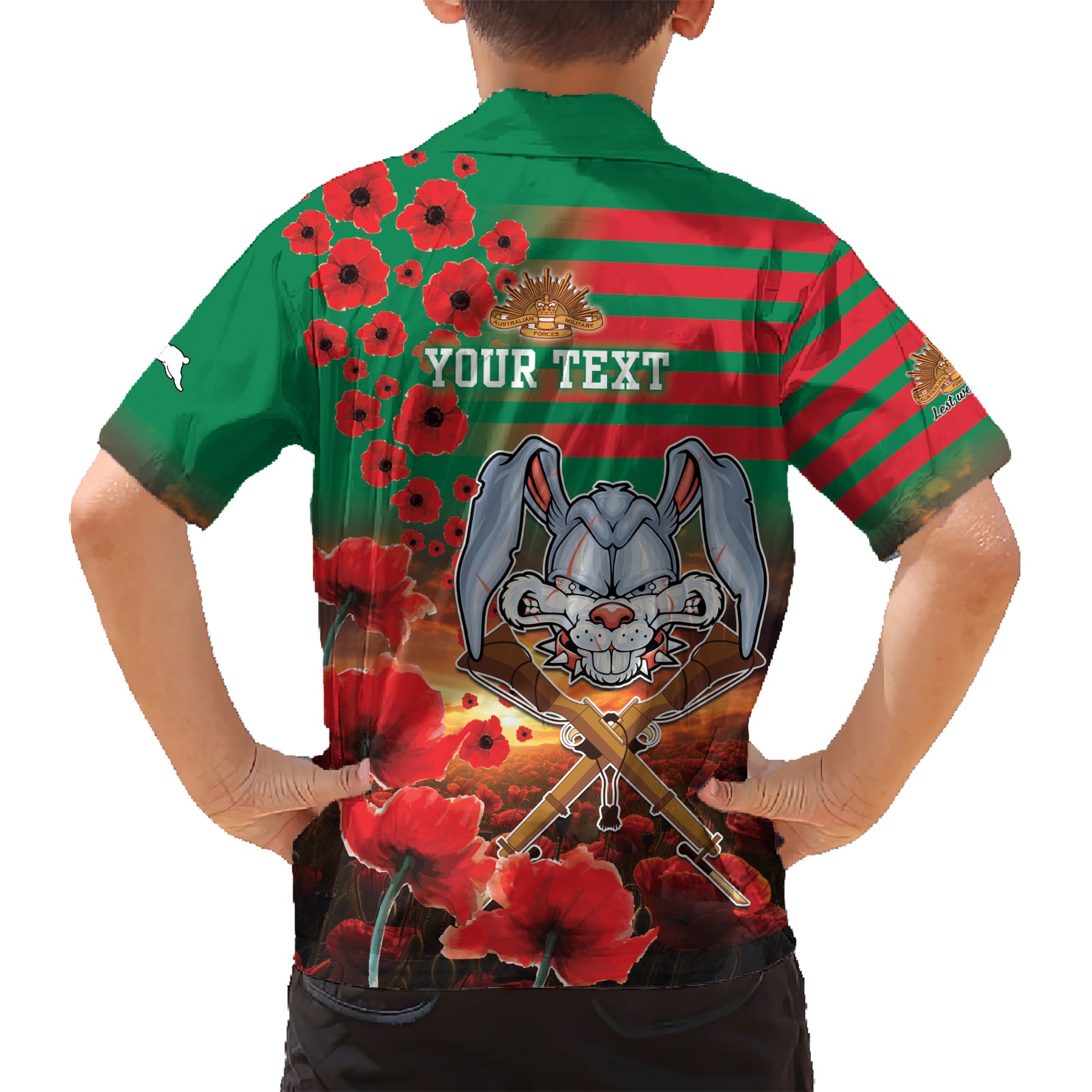 Personalised Rabbitohs Rugby ANZAC Kid Hawaiian Shirt Starry Night and Field of Poppies