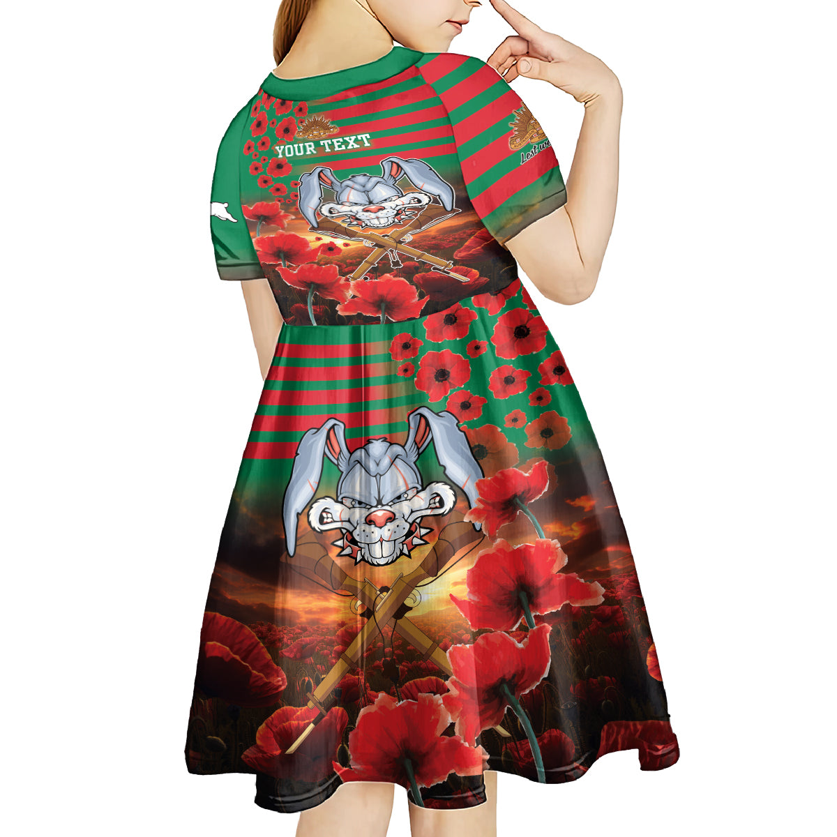 Personalised Rabbitohs Rugby ANZAC Kid Short Sleeve Dress Starry Night and Field of Poppies