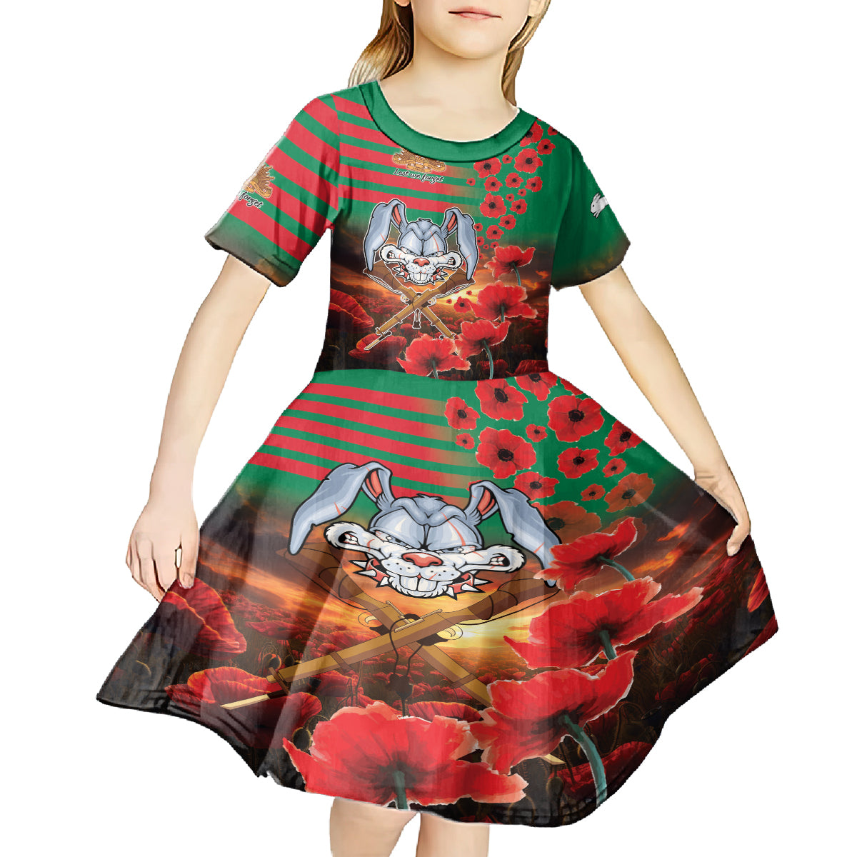 Personalised Rabbitohs Rugby ANZAC Kid Short Sleeve Dress Starry Night and Field of Poppies