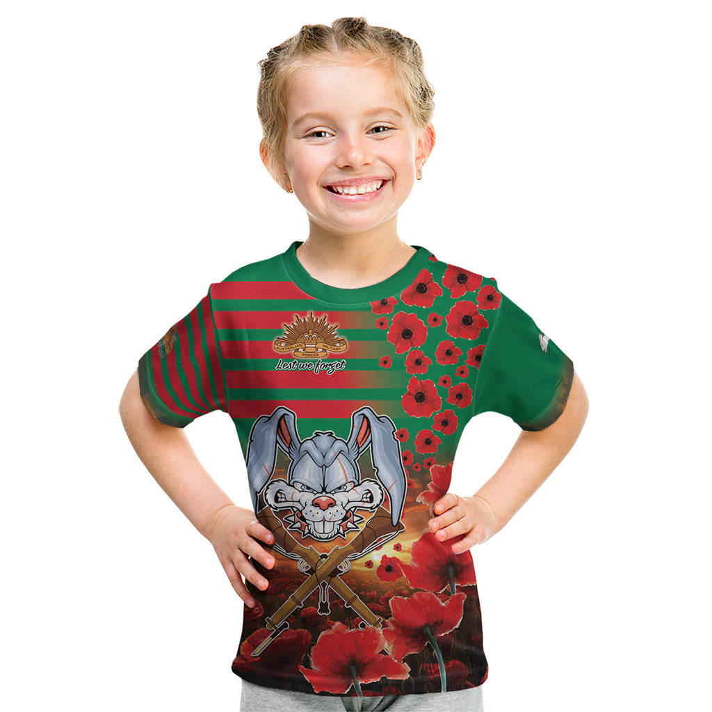 Personalised Rabbitohs Rugby ANZAC Kid T Shirt Starry Night and Field of Poppies