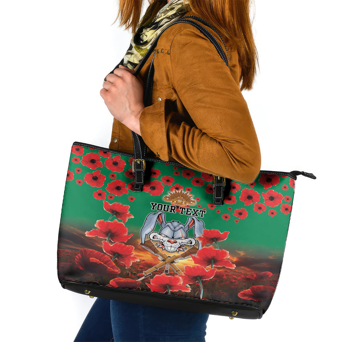 Personalised Rabbitohs Rugby ANZAC Leather Tote Bag Starry Night and Field of Poppies