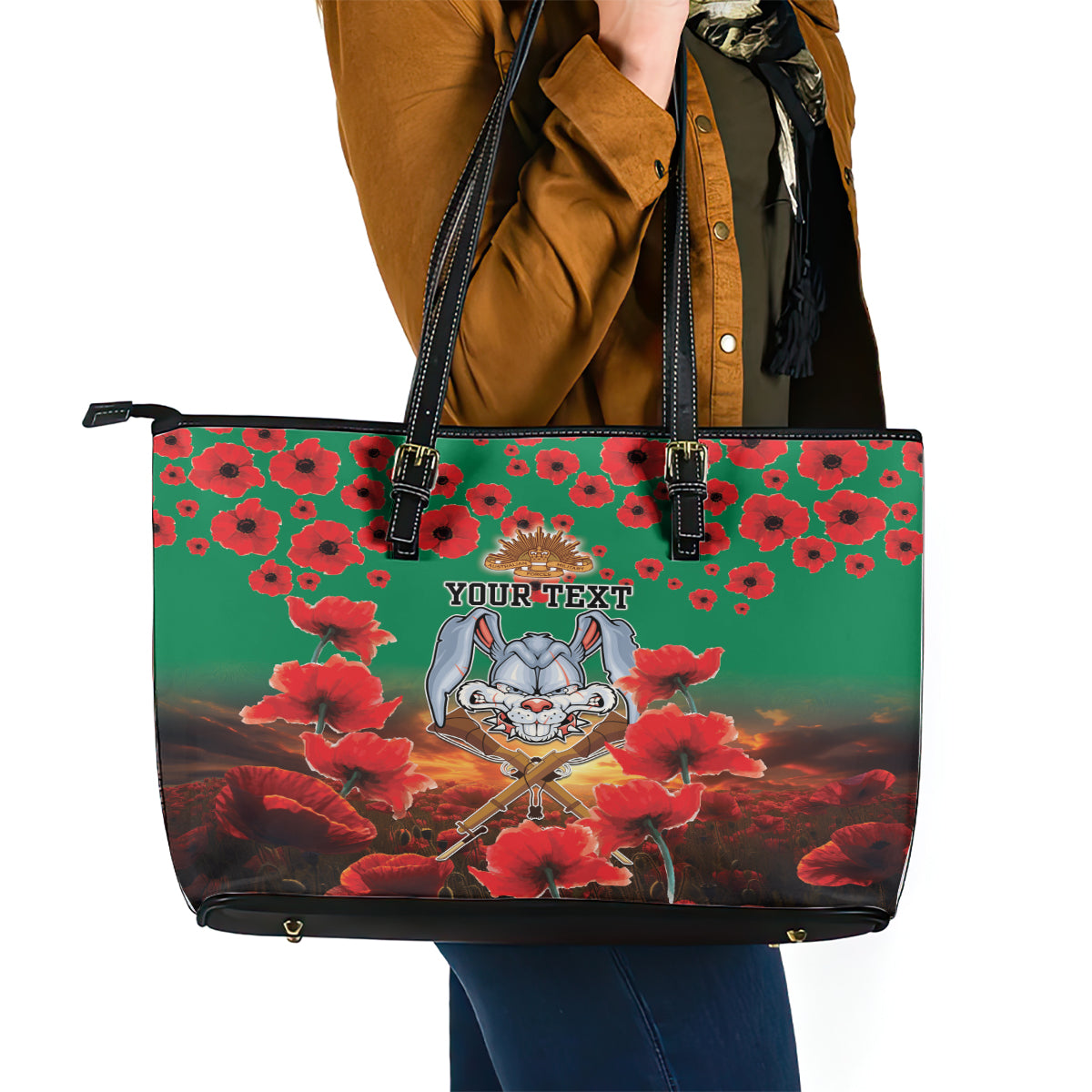 Personalised Rabbitohs Rugby ANZAC Leather Tote Bag Starry Night and Field of Poppies