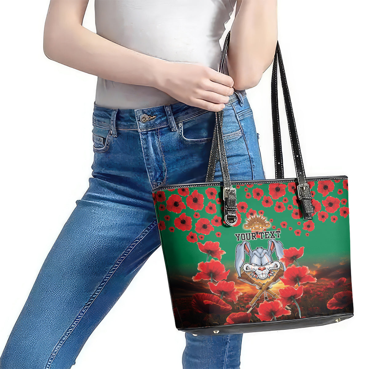 Personalised Rabbitohs Rugby ANZAC Leather Tote Bag Starry Night and Field of Poppies