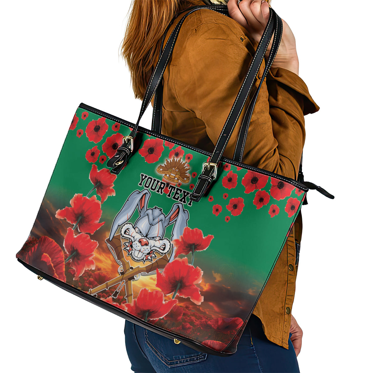 Personalised Rabbitohs Rugby ANZAC Leather Tote Bag Starry Night and Field of Poppies