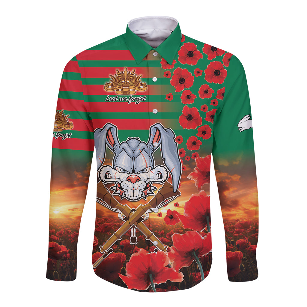 Personalised Rabbitohs Rugby ANZAC Long Sleeve Button Shirt Starry Night and Field of Poppies