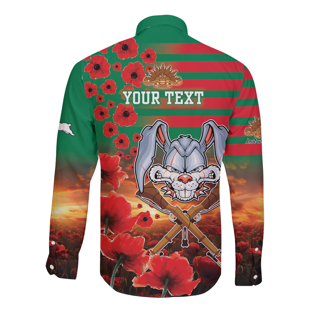 Personalised Rabbitohs Rugby ANZAC Long Sleeve Button Shirt Starry Night and Field of Poppies