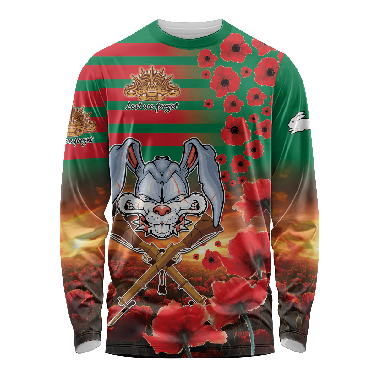 Personalised Rabbitohs Rugby ANZAC Long Sleeve Shirt Starry Night and Field of Poppies