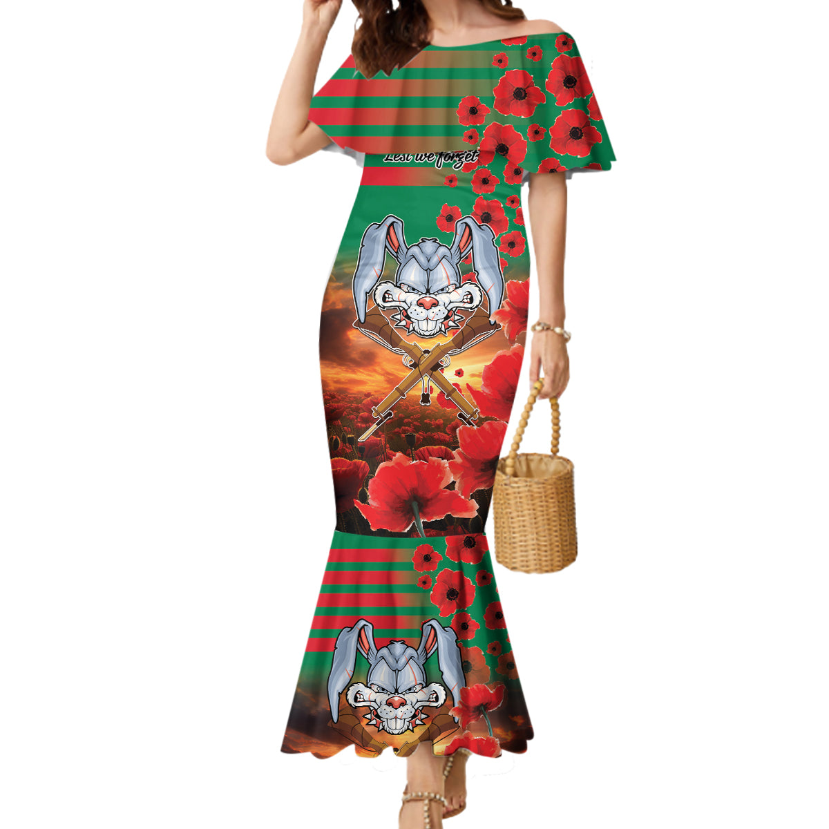 Personalised Rabbitohs Rugby ANZAC Mermaid Dress Starry Night and Field of Poppies