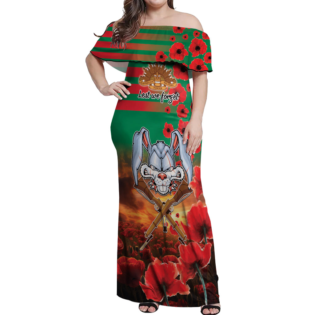 Personalised Rabbitohs Rugby ANZAC Off Shoulder Maxi Dress Starry Night and Field of Poppies