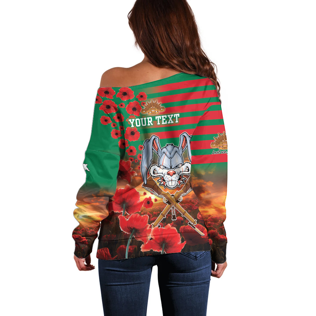 Personalised Rabbitohs Rugby ANZAC Off Shoulder Sweater Starry Night and Field of Poppies