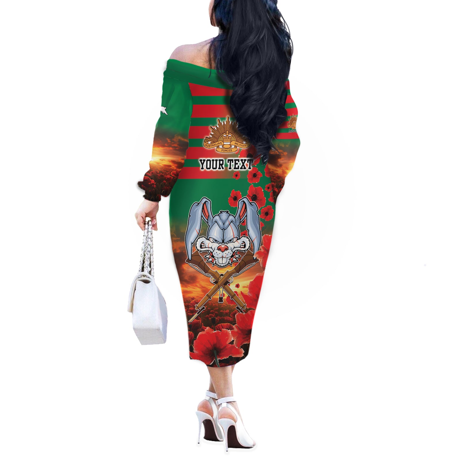 Personalised Rabbitohs Rugby ANZAC Off The Shoulder Long Sleeve Dress Starry Night and Field of Poppies