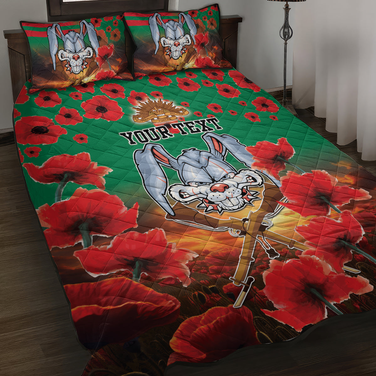 Personalised Rabbitohs Rugby ANZAC Quilt Bed Set Starry Night and Field of Poppies