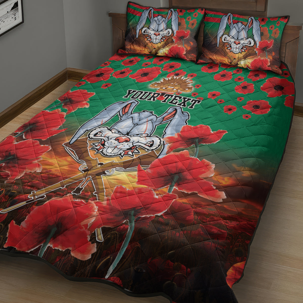 Personalised Rabbitohs Rugby ANZAC Quilt Bed Set Starry Night and Field of Poppies