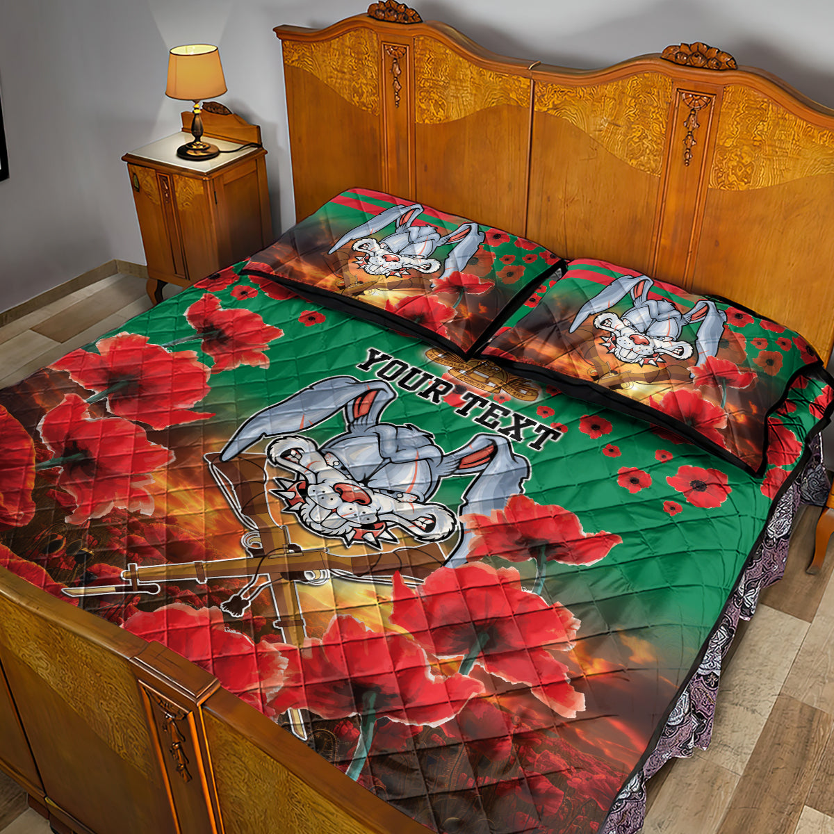 Personalised Rabbitohs Rugby ANZAC Quilt Bed Set Starry Night and Field of Poppies